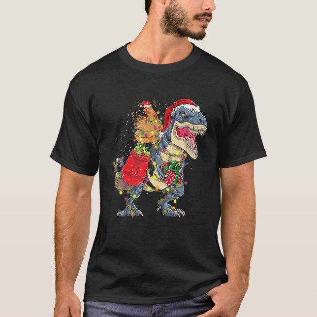 Weihnachts-Hühnerriding Dinosaur T Rex Tree Light T-Shirt (Vorderseite)