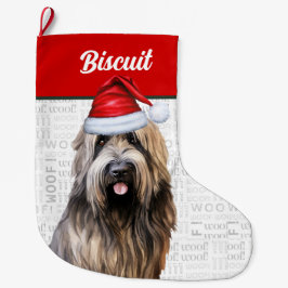 Weihnachts-Hund mit Name Woof Hintergrund Großer Weihnachtsstrumpf