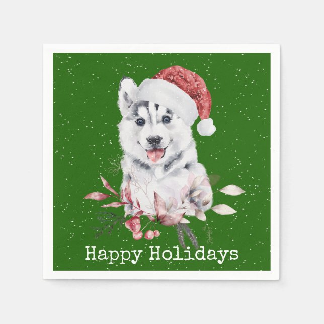 Weihnachts-Husky auf Grün Serviette (Vorderseite)
