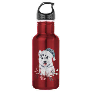 Weihnachts-Husky-Hund in einer Weihnachtsmannmütze Edelstahlflasche