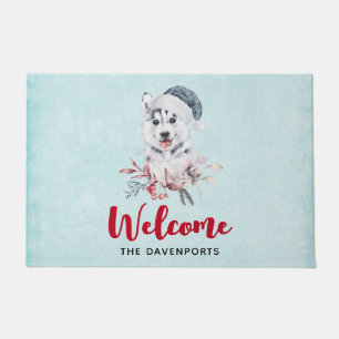 Weihnachts-Husky-Hund in einer Weihnachtsmannmütze Fußmatte