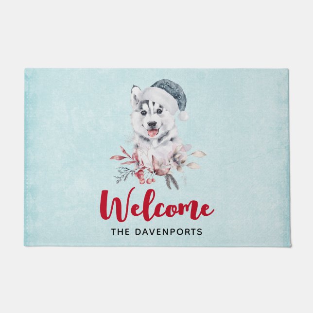 Weihnachts-Husky-Hund in einer Weihnachtsmannmütze Fußmatte (Vorderseite)
