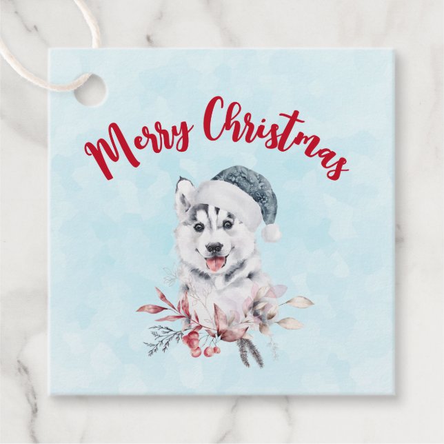 Weihnachts-Husky-Hund in einer Weihnachtsmannmütze Geschenkanhänger (Vorderseite)