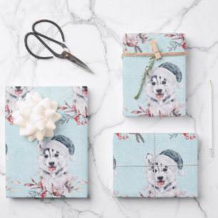 Weihnachts-Husky-Hund in einer Weihnachtsmannmütze Geschenkpapier Set