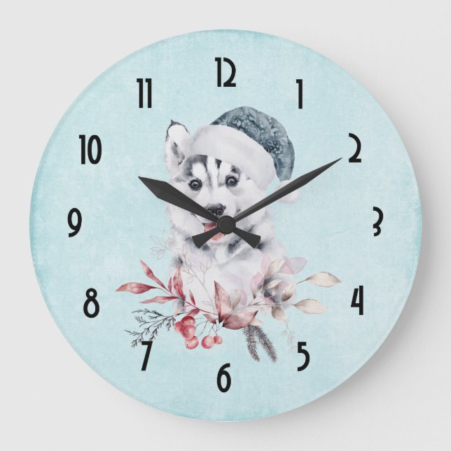 Weihnachts-Husky-Hund in einer Weihnachtsmannmütze Große Wanduhr (Vorderseite)