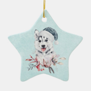 Weihnachts-Husky-Hund in einer Weihnachtsmannmütze Keramik Ornament
