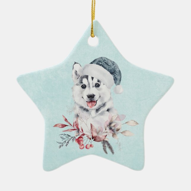 Weihnachts-Husky-Hund in einer Weihnachtsmannmütze Keramik Ornament (Vorne)