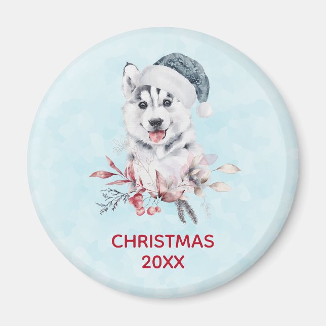 Weihnachts-Husky-Hund in einer Weihnachtsmannmütze Magnet (Vorne)