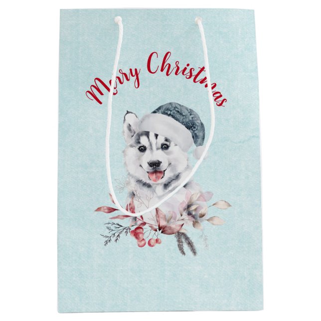 Weihnachts-Husky-Hund in einer Weihnachtsmannmütze Mittlere Geschenktüte (Vorderseite)