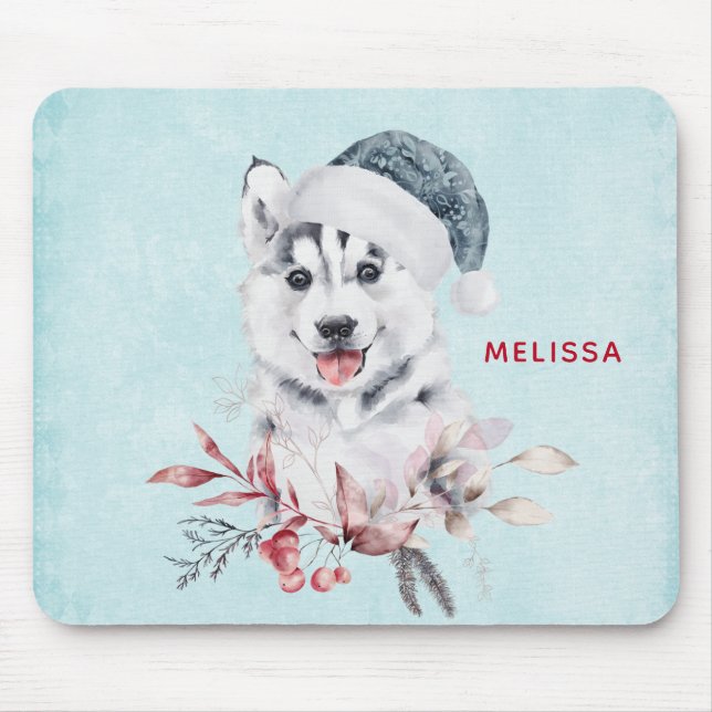 Weihnachts-Husky-Hund in einer Weihnachtsmannmütze Mousepad (Vorne)