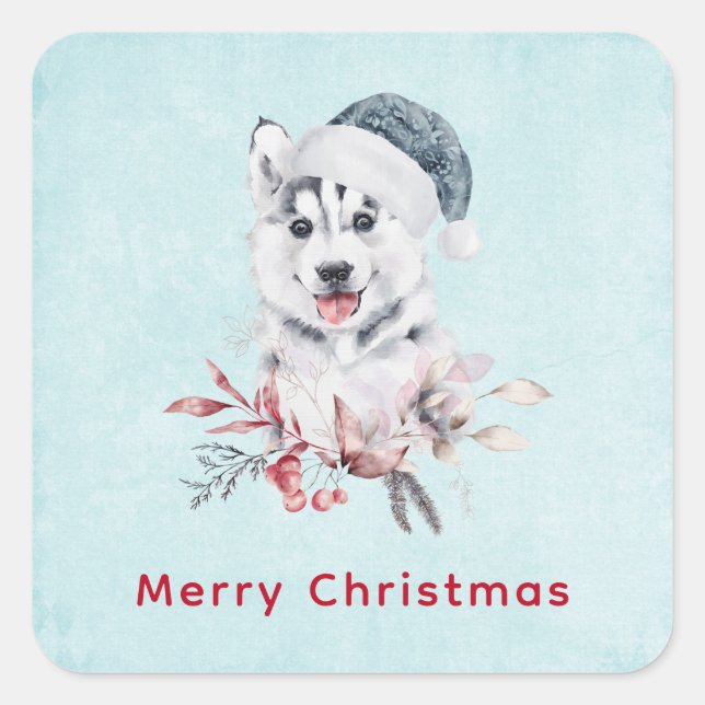 Weihnachts-Husky-Hund in einer Weihnachtsmannmütze Quadratischer Aufkleber (Vorderseite)