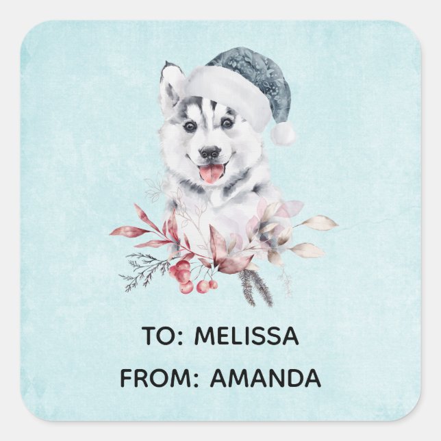 Weihnachts-Husky-Hund in einer Weihnachtsmannmütze Quadratischer Aufkleber (Vorderseite)