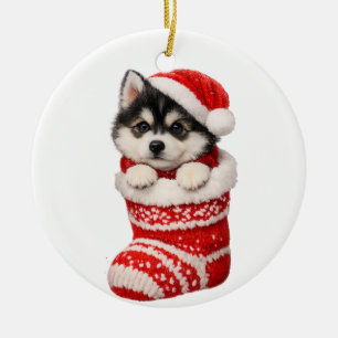 Weihnachts-Husky-Welpe Keramik Ornament