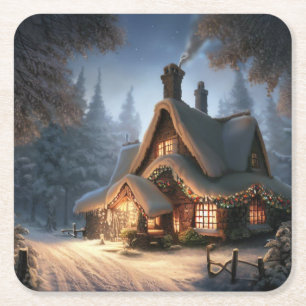 Weihnachts-Hütte 5 Rechteckiger Pappuntersetzer