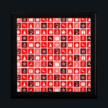 Weihnachts Icon Red Squares Holiday Art Classic Erinnerungskiste<br><div class="desc">Ein niedliches Weihnachtsmuster mit Weihnachtsdekorationen,  Rentieren,  Geschenken,  Stars und Weihnachtsballen.</div>