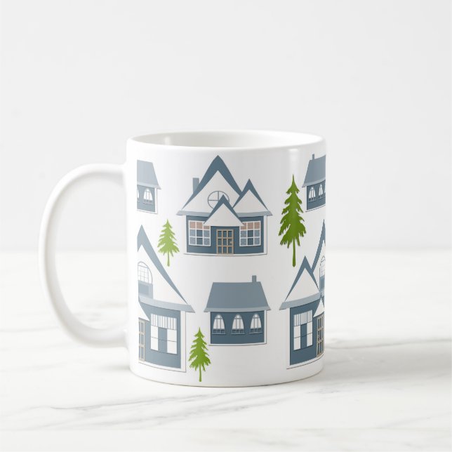 Weihnachts-Illustration beherbergt Bäume grau mit Kaffeetasse (Links)