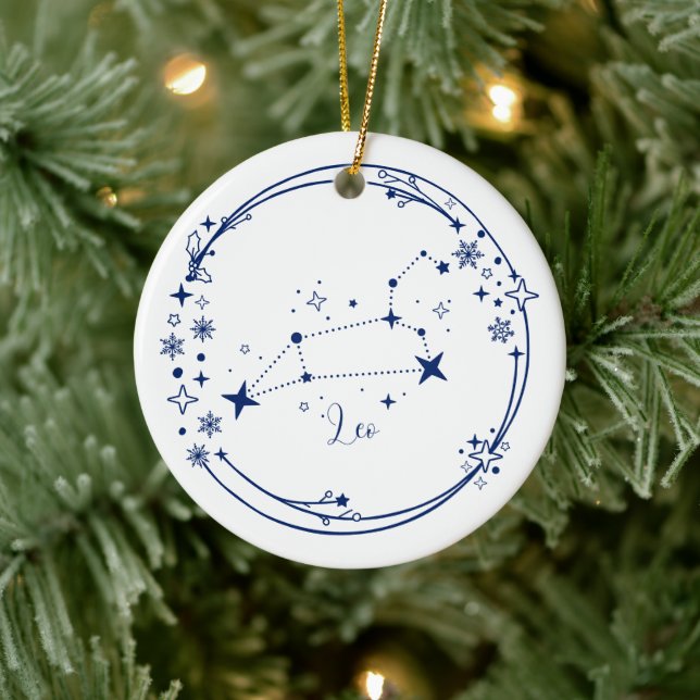 Weihnachts-Individuelle Name Leo Zodiac Sign Blue Keramik Ornament (Baum)