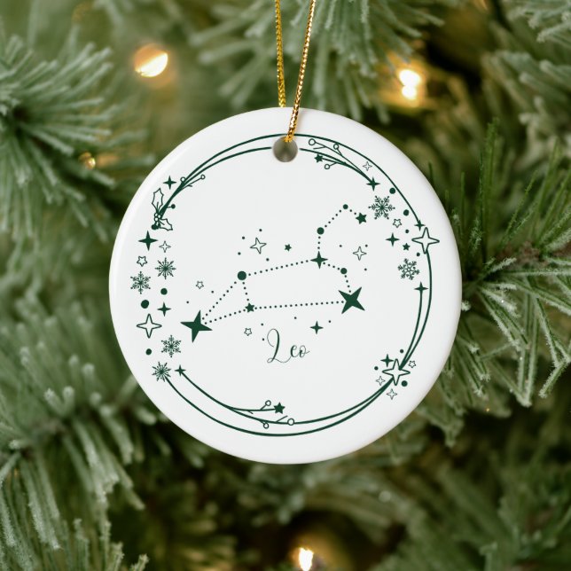 Weihnachts-Individuelle Name Leo Zodiac Sign Green Keramik Ornament (Baum)