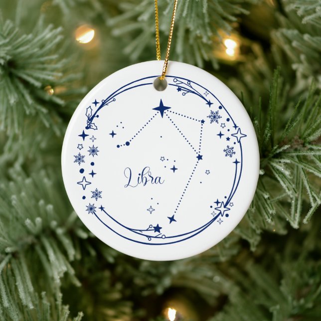 Weihnachts-Individuelle Name Libra Zodiac Sign Blu Keramik Ornament (Baum)