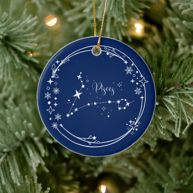 Weihnachts-Individuelle Name Pisces Zodiac Blue Si Keramik Ornament (Baum)