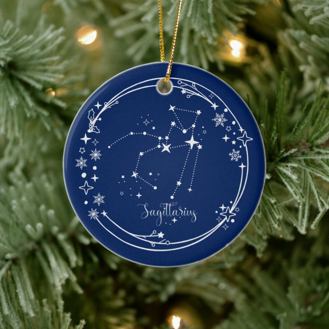 Weihnachts-Individuelle Name Sagittarius Blue Silv Keramik Ornament (Baum)