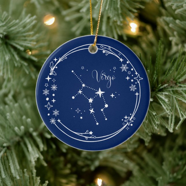 Weihnachts-Individuelle Name Virgo Zodiac Blue Sil Keramik Ornament (Baum)