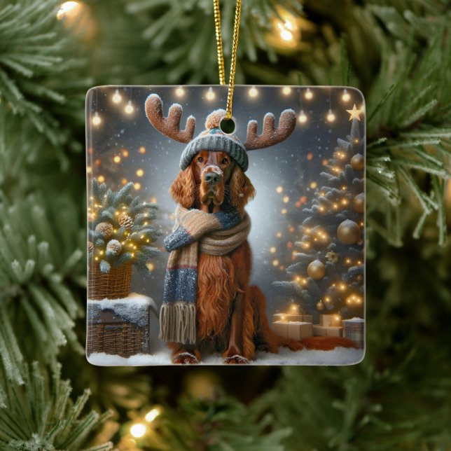Weihnachts-Irish Setter mit Rentier Antlers Keramikornament (Baum)