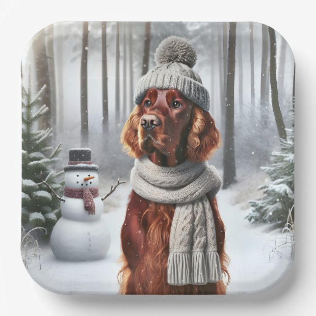 Weihnachts-Irish-Setter mit Schneemann Pappteller (Vorderseite)