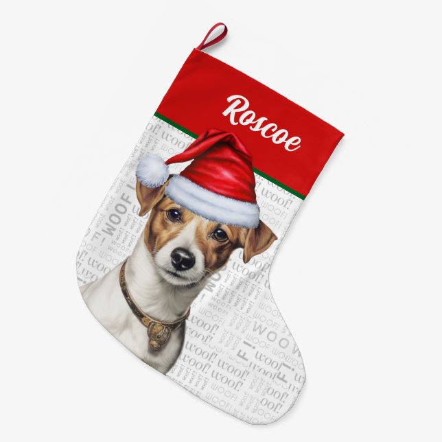 Weihnachts-Jack Russell mit dem Namen Woof Backgro Großer Weihnachtsstrumpf (Vorderansicht (hängend))