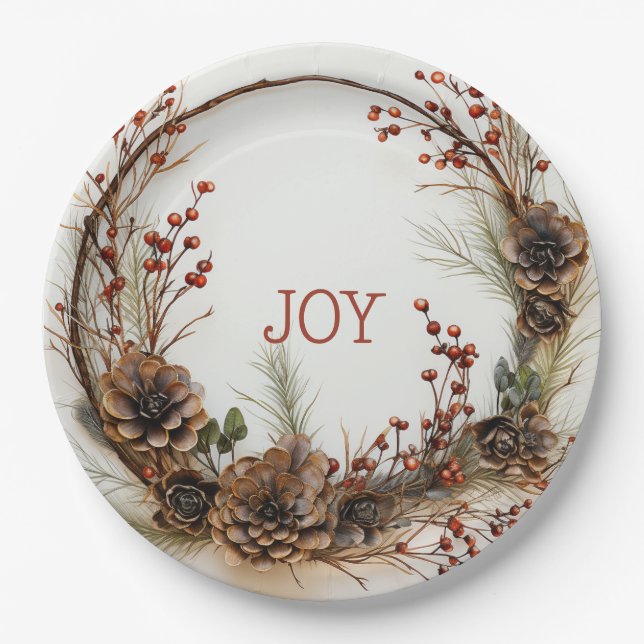 Weihnachts Joy Twig Wreath Pine Cones Red Berries Pappteller (Vorderseite)