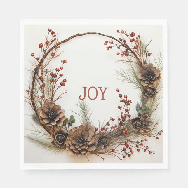 Weihnachts Joy Twig Wreath Pine Cones Red Berries Serviette (Vorderseite)