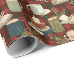 Weihnachts-Kaffeetassen Bücher Kerzen Rot kariert Geschenkpapier