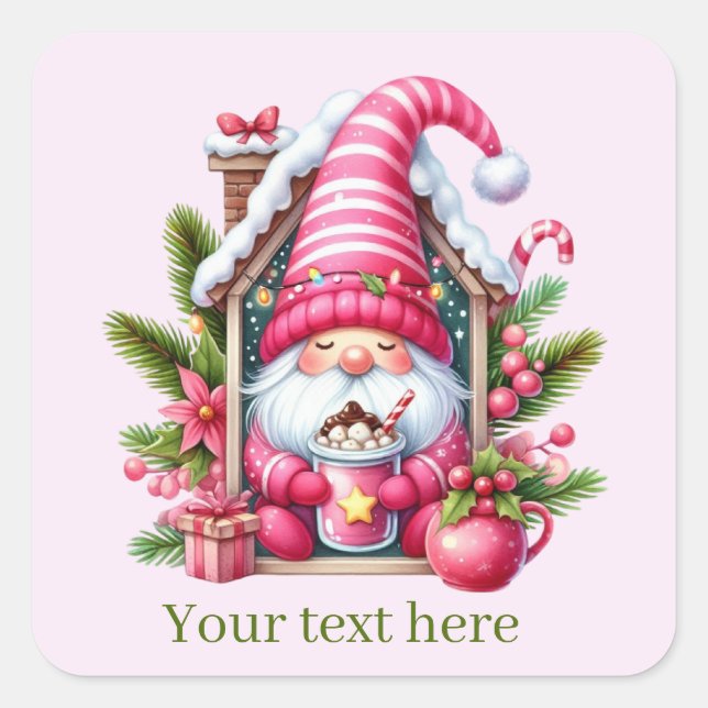 Weihnachts-Kakao-Gnome fügen Text Quadratischer Aufkleber (Vorderseite)