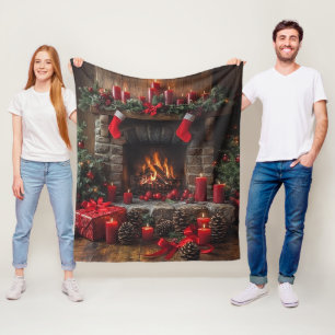 Weihnachts-Kamin Tannenzapfen Rote Kerzen   Fleecedecke