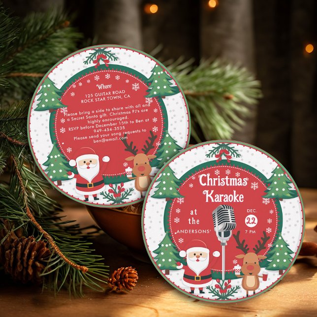 Weihnachts Karaoke Santa Reindeer Vinyl Record Einladung (christmas party invitation karaoke family office vintage retro nostalgia vinyl record santa reindeer)
