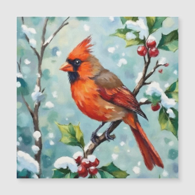 Weihnachts-Kardinal auf einem Holly-Zweig Magnetkarte (Vorderseite)