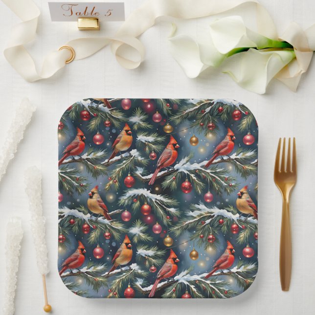 Weihnachts-Kardinal auf Schneebründen und Ornament Pappteller (Hochzeit)