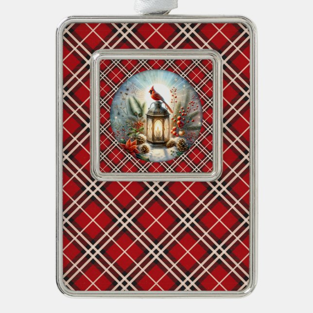 Weihnachts-Kardinal Erinnern Liebe eine Laterne Rahmen-Ornament Silber (Vorderseite)
