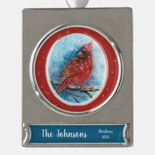 Weihnachts-Kardinal mit Name und Datum Banner-Ornament Silber