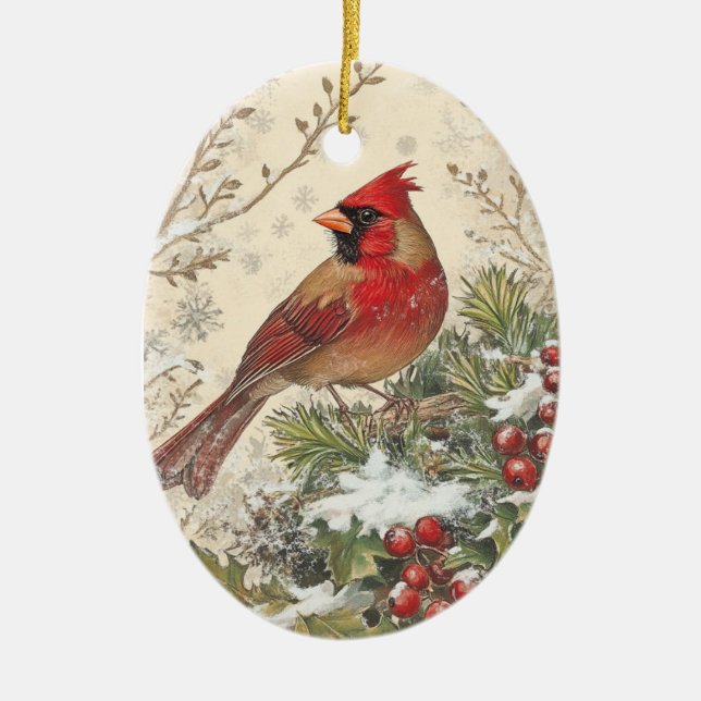 Weihnachts-Kardinal-Oval-Ornament Keramik Ornament (Vorne)