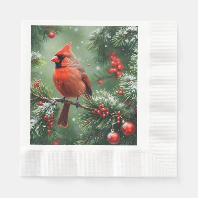 Weihnachts-Kardinal und Kiefernnadeln Serviette (Vorderseite)
