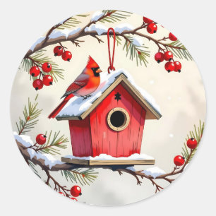 Weihnachts-Kardinal-Vogelhaus schneebedeckter Kief Runder Aufkleber