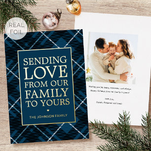 Weihnachts-Karo-Familienfoto Dunkelblau Luxus Gold Folien Feiertagskarte
