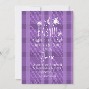 Weihnachts-Karo-Schneeflocken-Baby-Party Violett Einladung