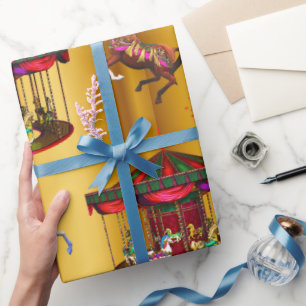 Weihnachts Karussell Pferde auf Gold Geschenkpapier