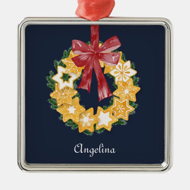 Weihnachts-Keks mit blaugrauem Hintergrund Silbernes Ornament (Vorne)