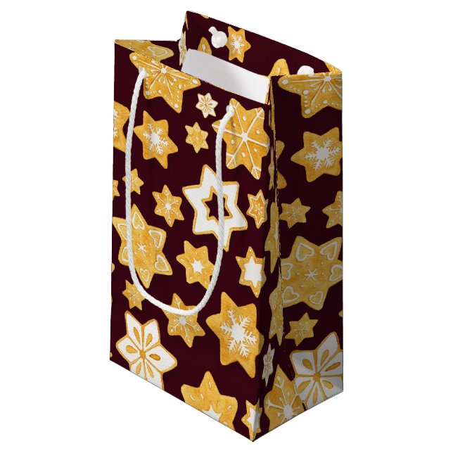Weihnachts-Keks mit Burgunder Hintergrund Kleine Geschenktüte (Vorderseite Schrägansicht)