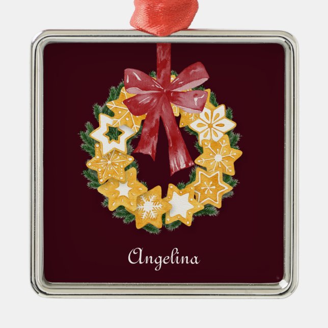 Weihnachts-Keks mit Burgunder Hintergrund Silbernes Ornament (Vorne)