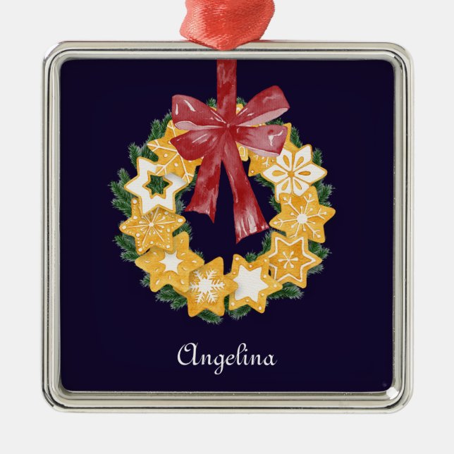 Weihnachts-Keks mit Navy BlueBackground Silbernes Ornament (Vorne)