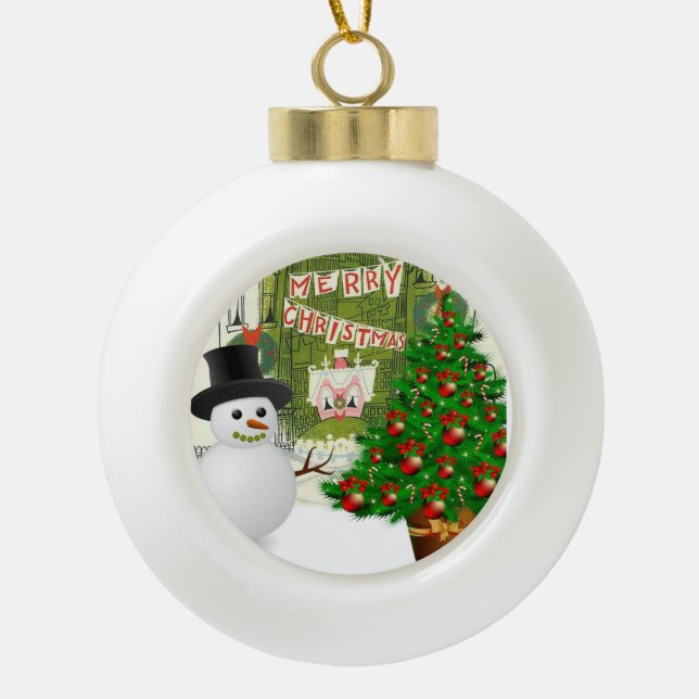 Weihnachts-Keramik Ball Ornament, Schneemann Keramik Kugel-Ornament (Vorderseite)